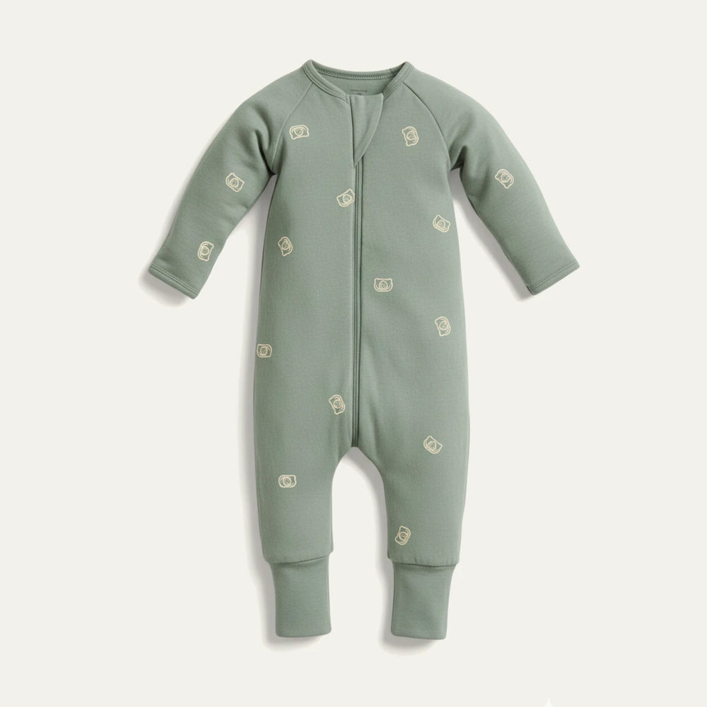 Sage green long sleeve 0.2 TOG organic cotton jersey baby romper with fold-over mittens