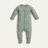Sage green long sleeve 0.2 TOG organic cotton jersey baby romper with fold-over mittens