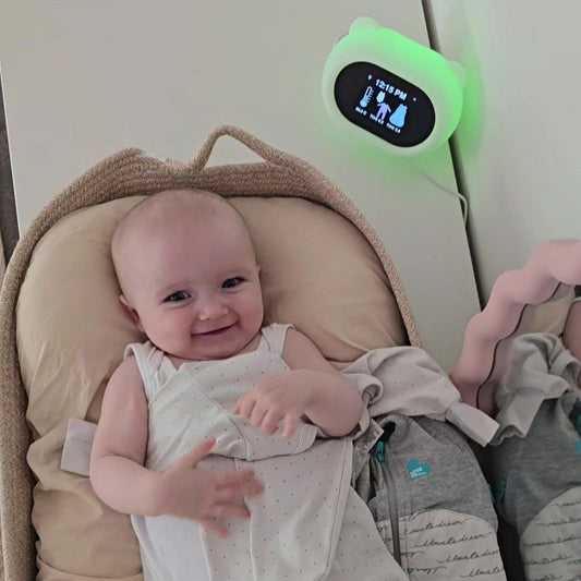 Smiling baby lying beside sleep sacks, with the Sleep Like Goldilocks thermometer showing TOG guidance on the wall