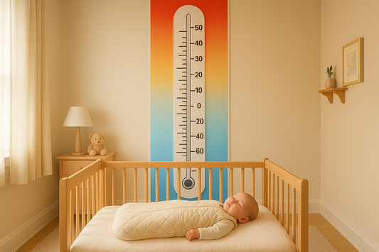 Baby in cot with large thermometer on wall showing how temperature is cooler lower in room and hotter near ceiling