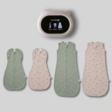 goldilocks thermometer + swaddle sleep suits + jersey sleep suits