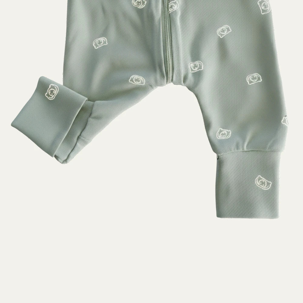 Sage green long sleeve 0.2 TOG organic cotton jersey baby romper with fold-over mittens