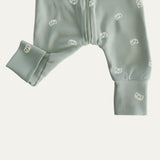 Sage green long sleeve 0.2 TOG organic cotton jersey baby romper with fold-over mittens